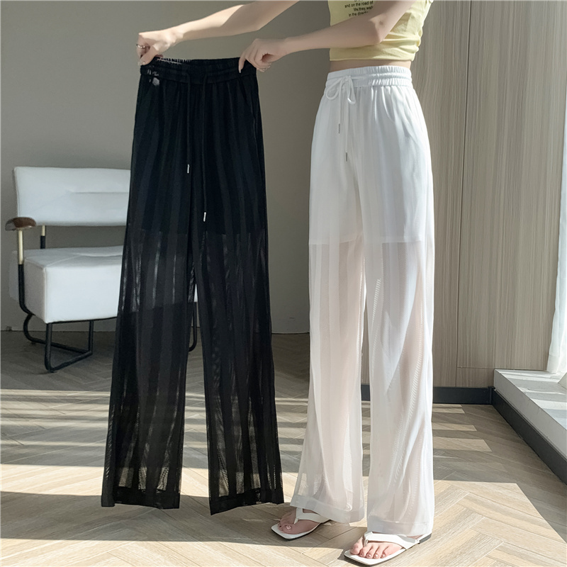 Ice Silk Mesh Wide-Leg Pants for Women, Summer Thin Style 2026 New Sun-Protective Cool Chiffon Split Straight-Leg Casual Pants