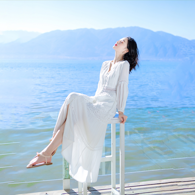 White Dress for Women, Travel Outfit, Photo Shoot Dress, Seaside Vacation Beach Dress, French High-End Fairy Long Dress White Dress for Women, Travel Outfit, Photo Shoot Dress, Seaside Vacation Beach Dress, French High-End Fairy Long Dress
