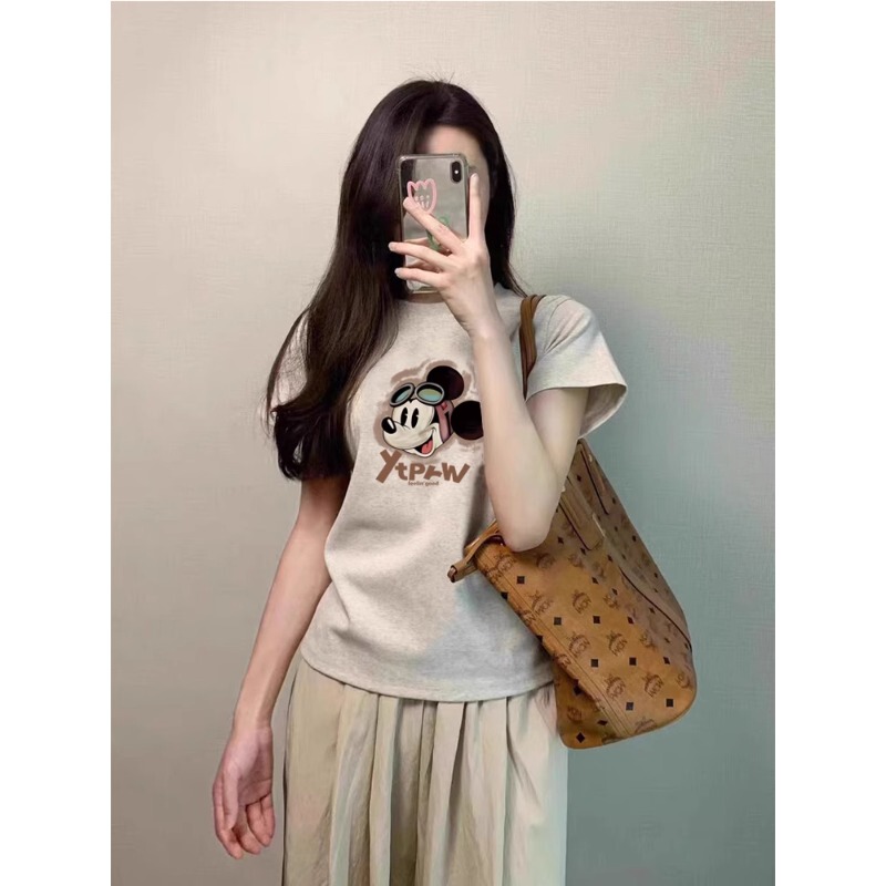 Korean 2026 Summer New Style Regular Shoulder Pure Cotton Short-Sleeve T-Shirt for Women, Fashionable Printed Versatile Casual Gray Top Trendy