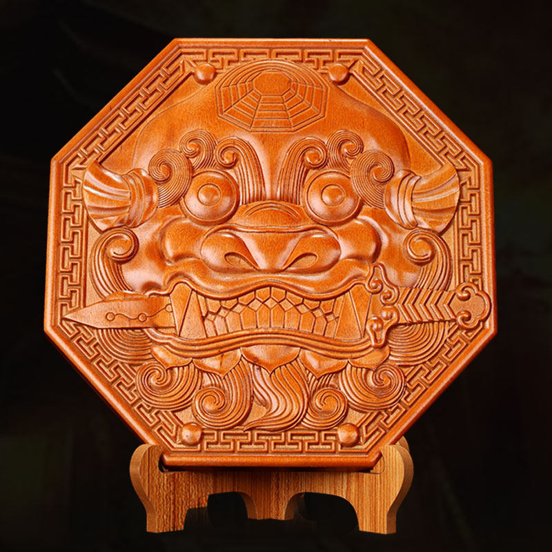 Pure handmade wood carvings with real peach wood beasts 8 divination mirror lions biting swords tiger head lions swinging pieces 8 divination mirror signs home pendants