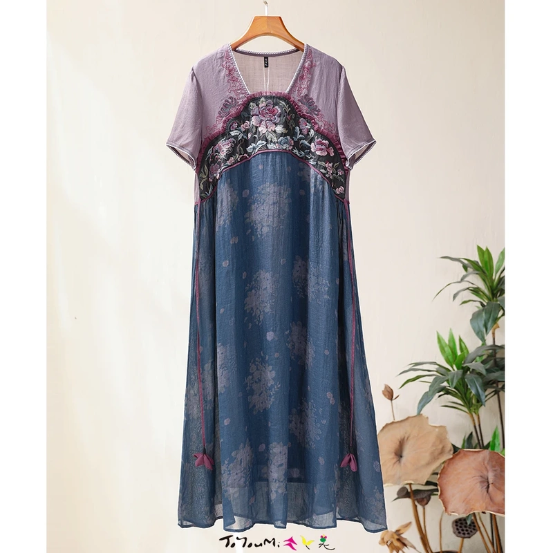 Chuxin Original Ethnic Style New Chinese Style Retro Literary Embroidery Improved Hanfu Dress Women's Mid-Length Dress Summer