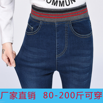 2022 new high-waisted jeans womens large size trousers small leg pants elastic waist stretch slim slim mm