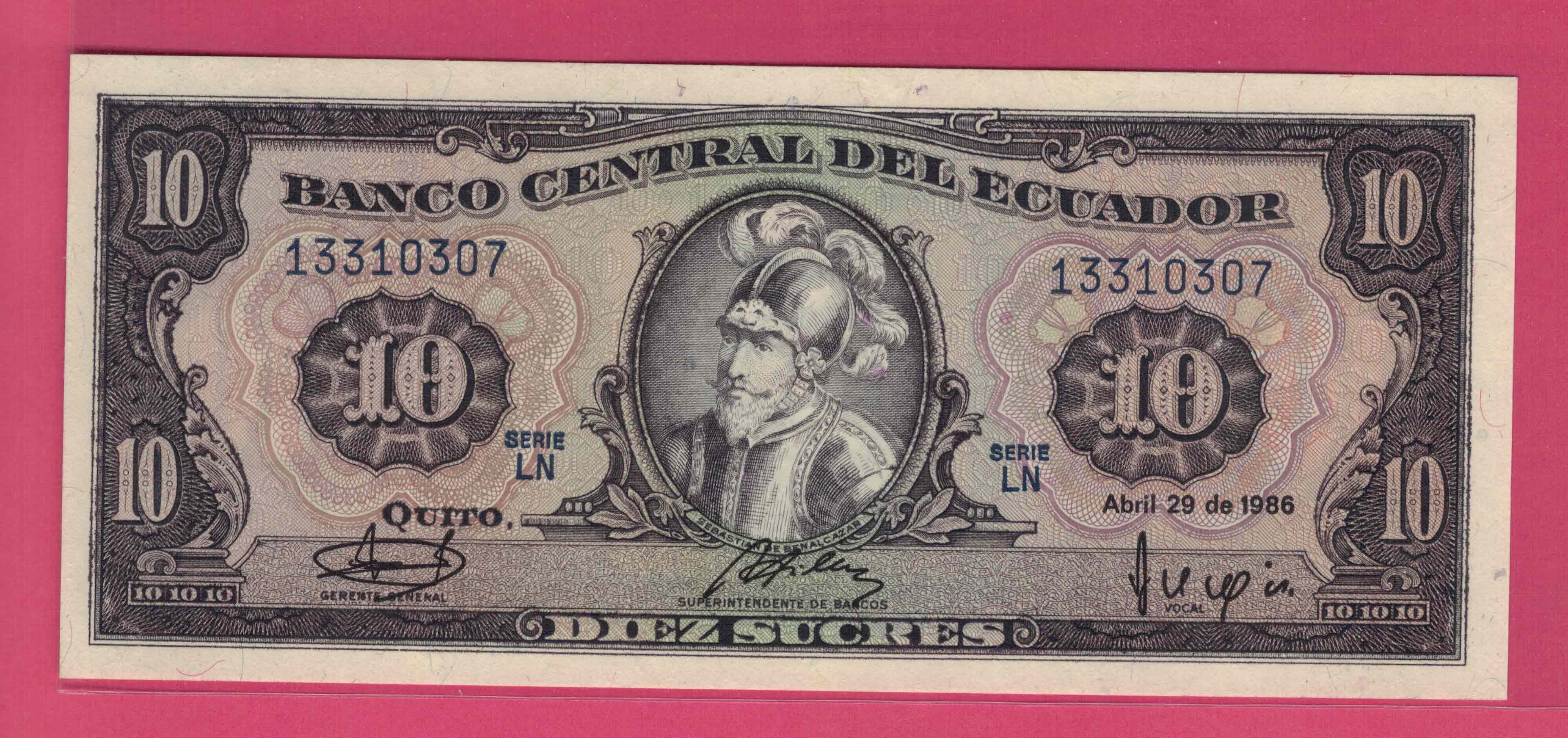 Ecuador 1986 10 Sucre LN sequence American banknotes UNC