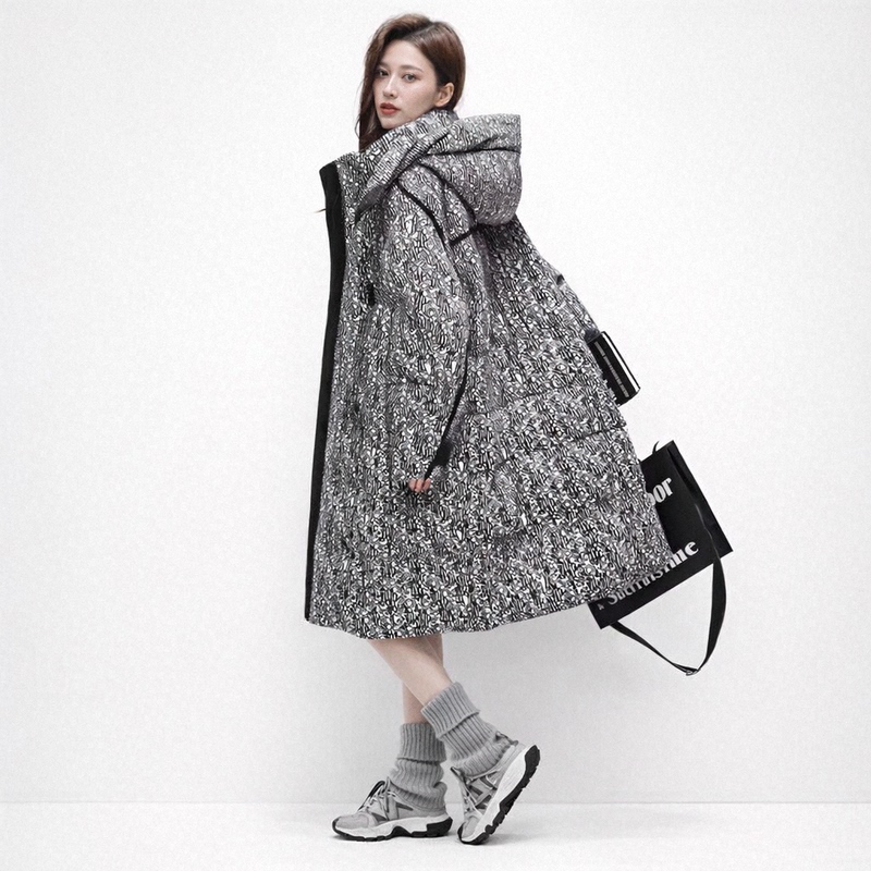 Trendy Over-The-Knee Long Hooded down Jacket 2025 Winter New Style Printed Thickened Windproof Warm White Duck down Coat