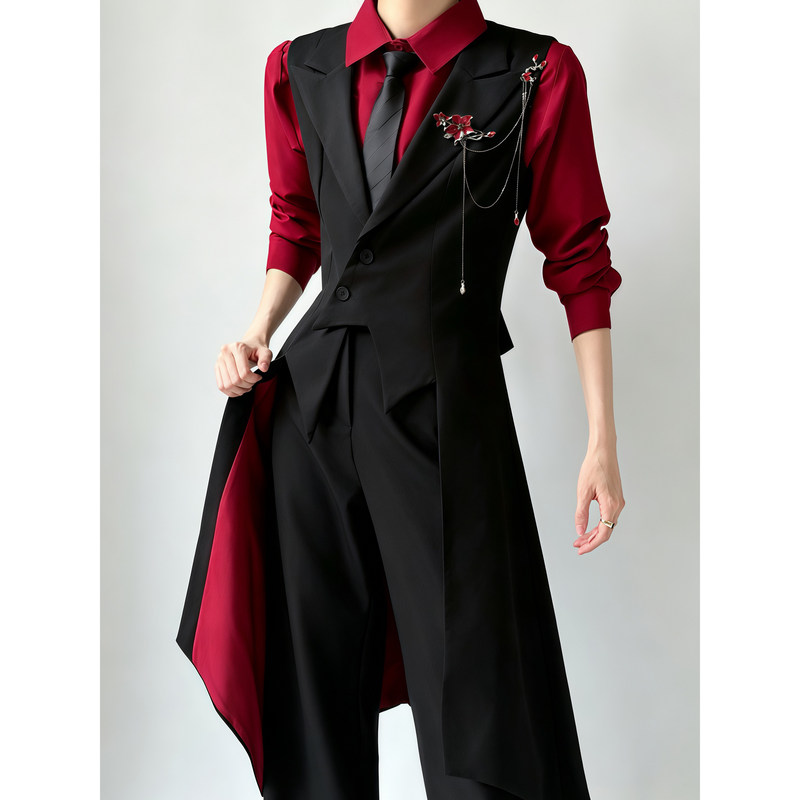 Black Red-Soled Suit with Swallowtail Mid-Length Vest, Slim-Fit Waist-Cinching Peaked Lapel Tailcoat Vest Uniform for Men and Women Black Red-Soled Suit with Swallowtail Mid-Length Vest, Slim-Fit Waist-Cinching Peaked Lapel Tailcoat Vest Uniform for Men and Women