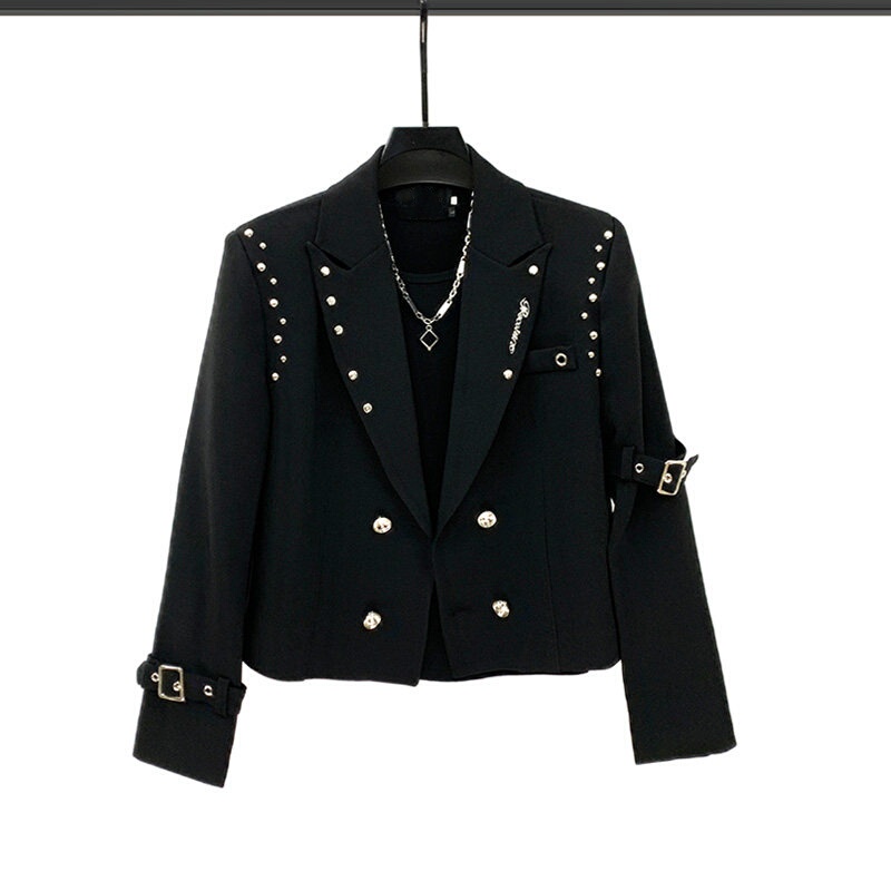 Metal Rivet Design Black Short Blazer for Men, Niche Trendy Casual Loose Shoulder-Padded Suit Metal Rivet Design Black Short Blazer for Men, Niche Trendy Casual Loose Shoulder-Padded Suit