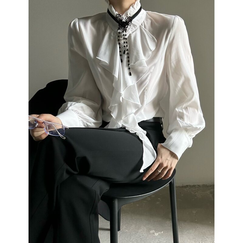French Retro High-End Shirt with Palace-Style Ruffles, Slimming Design, Unisex Long-Sleeved Shirt French Retro High-End Shirt with Palace-Style Ruffles, Slimming Design, Unisex Long-Sleeved Shirt