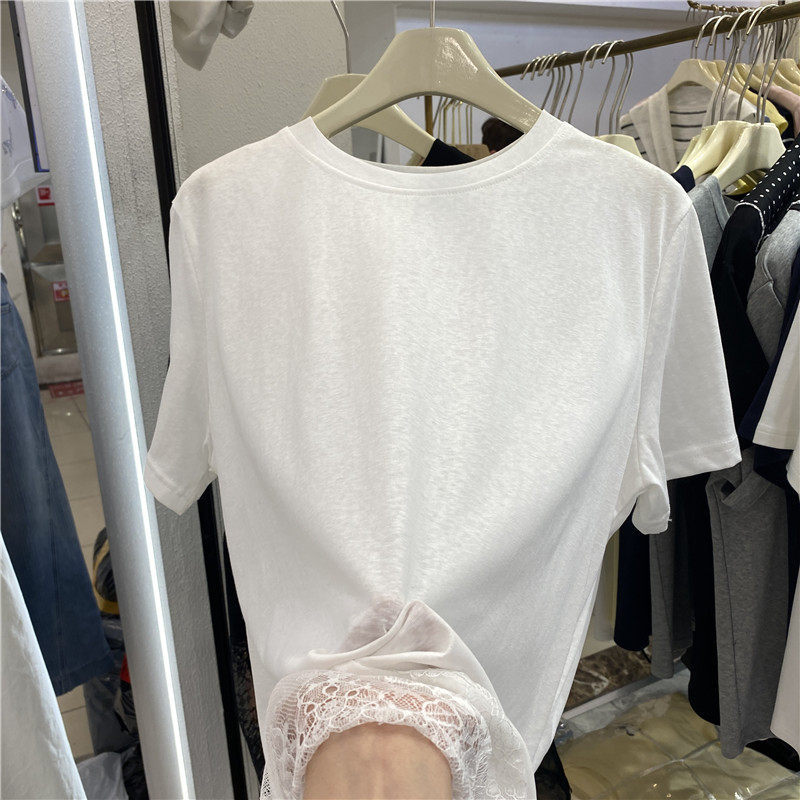 2026 Summer Thin Mid-Length Loose Top for Women with Asymmetrical Lace Splicing Hem Round Neck Short-Sleeved T-Shirt for Women