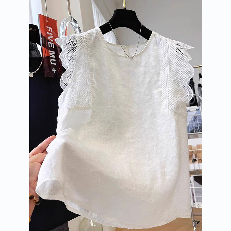 Trendy Cotton and Linen Sleeveless Vest for Plus-Size Women 150kg Large Size Korean Style High-End Lace Flutter Sleeve Loose Top Trendy Cotton and Linen Sleeveless Vest for Plus-Size Women 150kg Large Size Korean Style High-End Lace Flutter Sleeve Loose Top