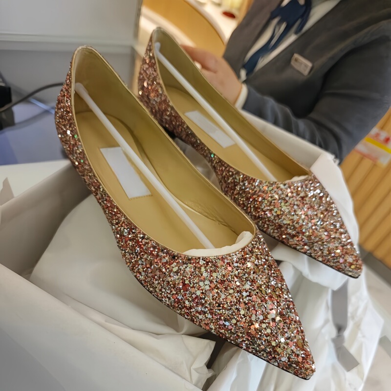 Love Gradient Sequin Flat Wedding Shoes for Women, Comfortable for Pregnant Women, Bridal Shoes for Daily Wear, Main Wedding Dress Crystal Flats