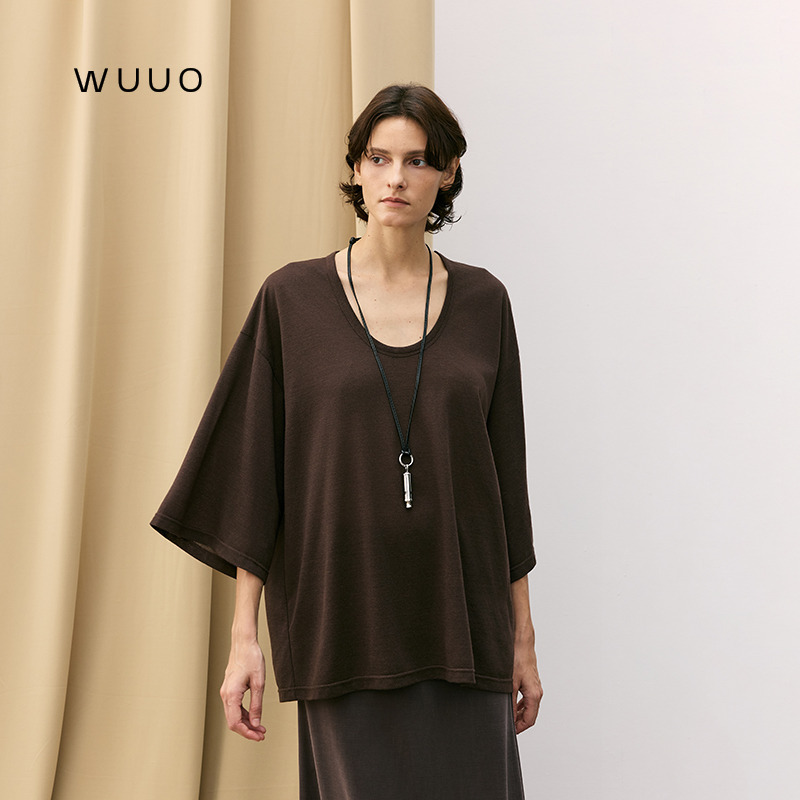 Wuuo Loose T-Shirt for Women 2026 New Summer Top with Round Neck, Slightly Flared Three-Quarter Sleeves, Knitted High-End Blouse