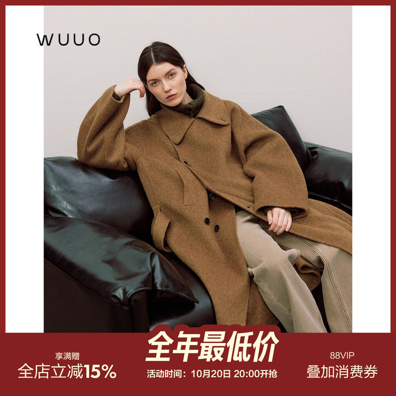 Wuuo Heavy Silk Camel Wool Bathrobe Coat for Women 2026 Autumn and Winter Mid-Length Silhouette Double-Sided Woolen Coat