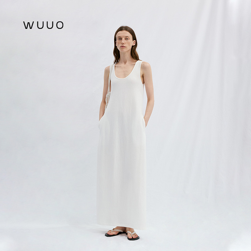 Wuuo High-End Artistic Paper-Like Vest Dress Minimalist Mid-Length Long-Staple Cotton Sleeveless Strap Dress 2026