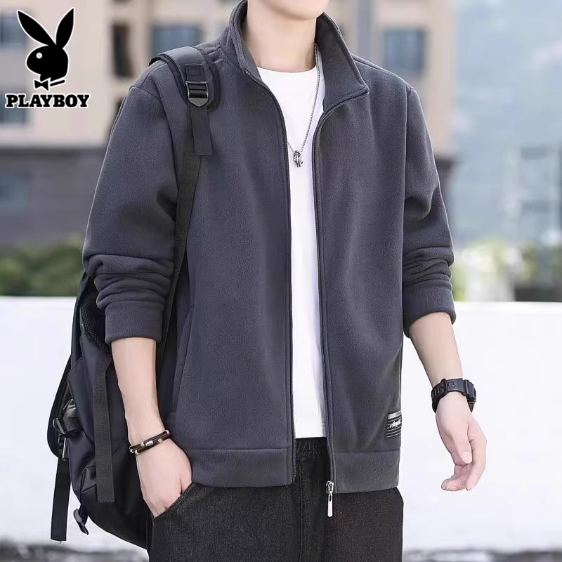 Playboy Men's Polar Fleece Jacket Autumn and Winter Stand Collar Jacket 2026 New Trendy Cardigan Sweatshirt for Men
