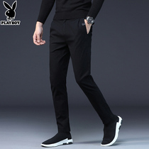 Playboy casual pants mens summer Korean version of the trend black Joker slim slim feet long pants mens pants thin