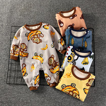 Baby jumpsuit spring and autumn winter clothes for men and women baby Haiyi plus velvet warm newborn clothes winter pajamas climbing clothes