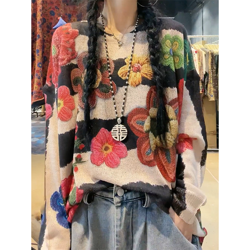 Design-Focused, Heavy-Duty Printed Round-Neck Long-Sleeve Knit Sweater, European Fashion, Stylish, Versatile, Loose, Trendy, Plus-Size Sweater