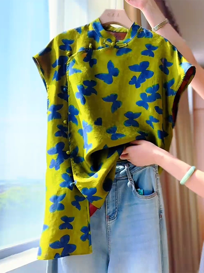 新中式国风蝴蝶印花短袖衬衫2025年夏季轻奢高级感大码女装上衣潮