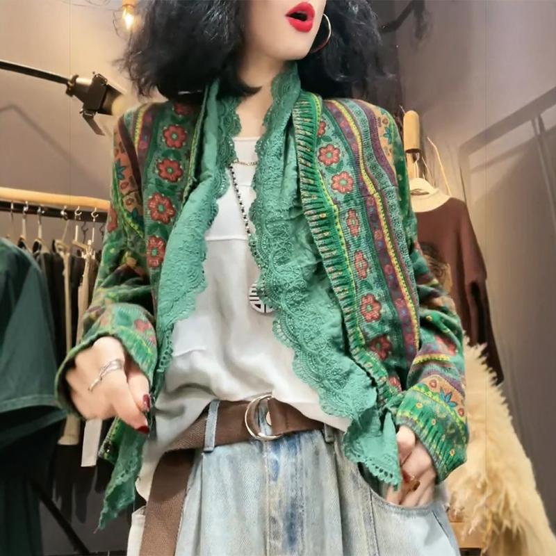Autumn 2024 New European-Style Heavy-Duty Light Luxury High-End Green Floral Patchwork Long-Sleeve Age-Reducing Knitted Cardigan