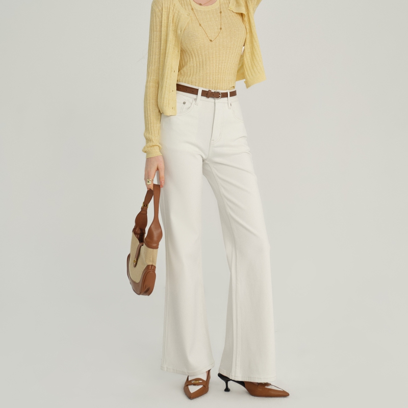 【Bearded and Big-Faced Family】Simple and Elegant Flared Jeans, White High-Waisted Stretchy Slim-Fit Long Pants