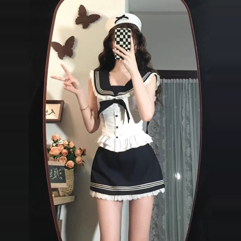 Korean Style Preppy Outfit Sweet and Spicy Girl Sailor Collar Bow Tie Waist-Cinching Shirt Top Short Skirt Two-Piece Set Petite Size Korean Style Preppy Outfit Sweet and Spicy Girl Sailor Collar Bow Tie Waist-Cinching Shirt Top Short Skirt Two-Piece Set Petite Size