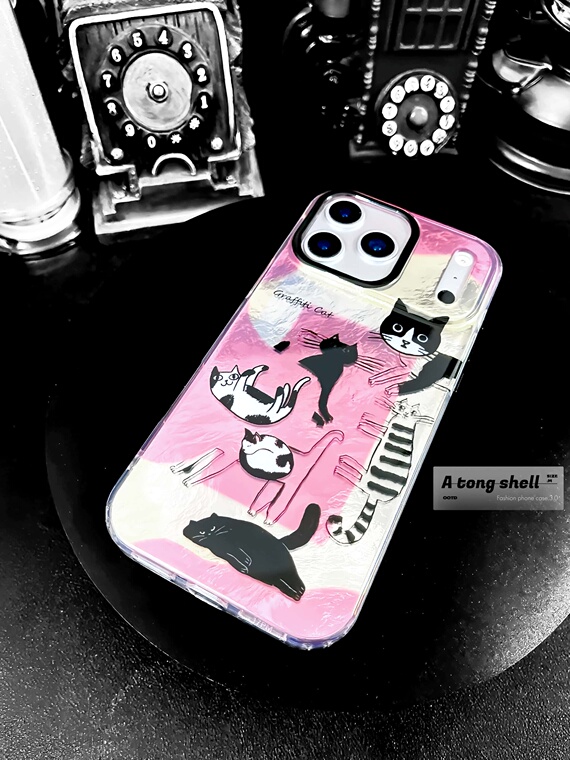 Iridescent Pink Textured Shimmering Graffiti Cat iPhone Case