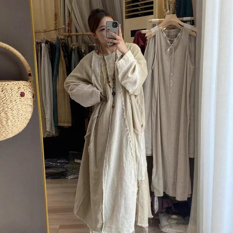 Popular Frayed Linen Loose Patchwork Long Dress, Vintage Artistic Style, Korean-Style Oversized Casual Robe Popular Frayed Linen Loose Patchwork Long Dress, Vintage Artistic Style, Korean-Style Oversized Casual Robe