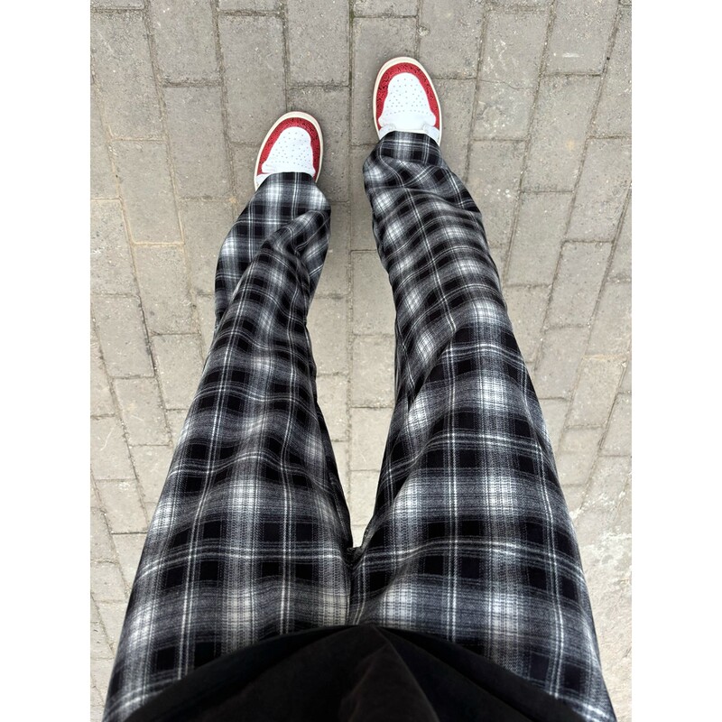 Cleanfit Black and White Plaid Pants for Men, Early Autumn Outfit, Plaid Wide-Leg Pants, Relaxed and Lazy Straight-Leg Long Pants