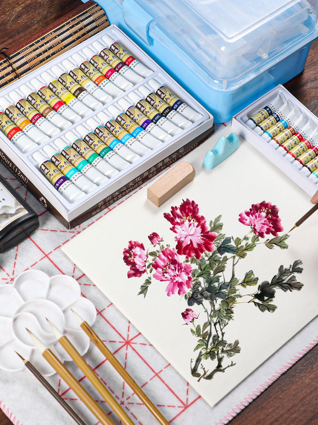 Chinese Painting Pigment Beginner Set 12 Colors 24 Colors Chinese Painting Supplies Tools Complete Set Ink Painting Brush Set Beginner Entry-Level Professional Elementary School Chinese Painting Class Tool Box Art Student Special