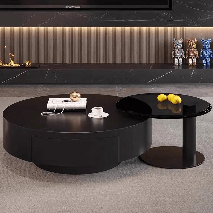 Living Room Small Apartment New Style Home Light Luxury High-End Italian Minimalist Round Pure Black Coffee Table Combination Stainless Steel Living Room Small Apartment New Style Home Light Luxury High-End Italian Minimalist Round Pure Black Coffee Table Combination Stainless Steel