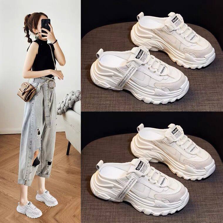 Hong Kong Baotou Half slippers outside wearing Ins Chains 2022 new women's spring and summer thick bottoms Old daddy shoe sports cool tug