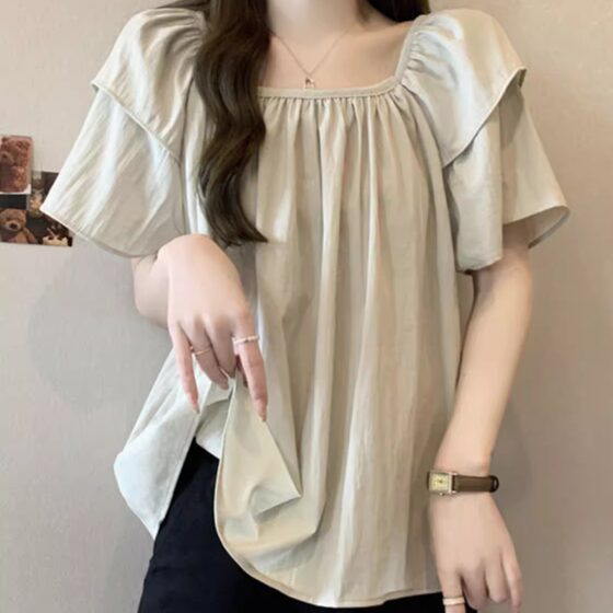 大码气质甜美风复古方领雪纺短袖衬衫女胖mm宽松显瘦遮肚百搭上衣
