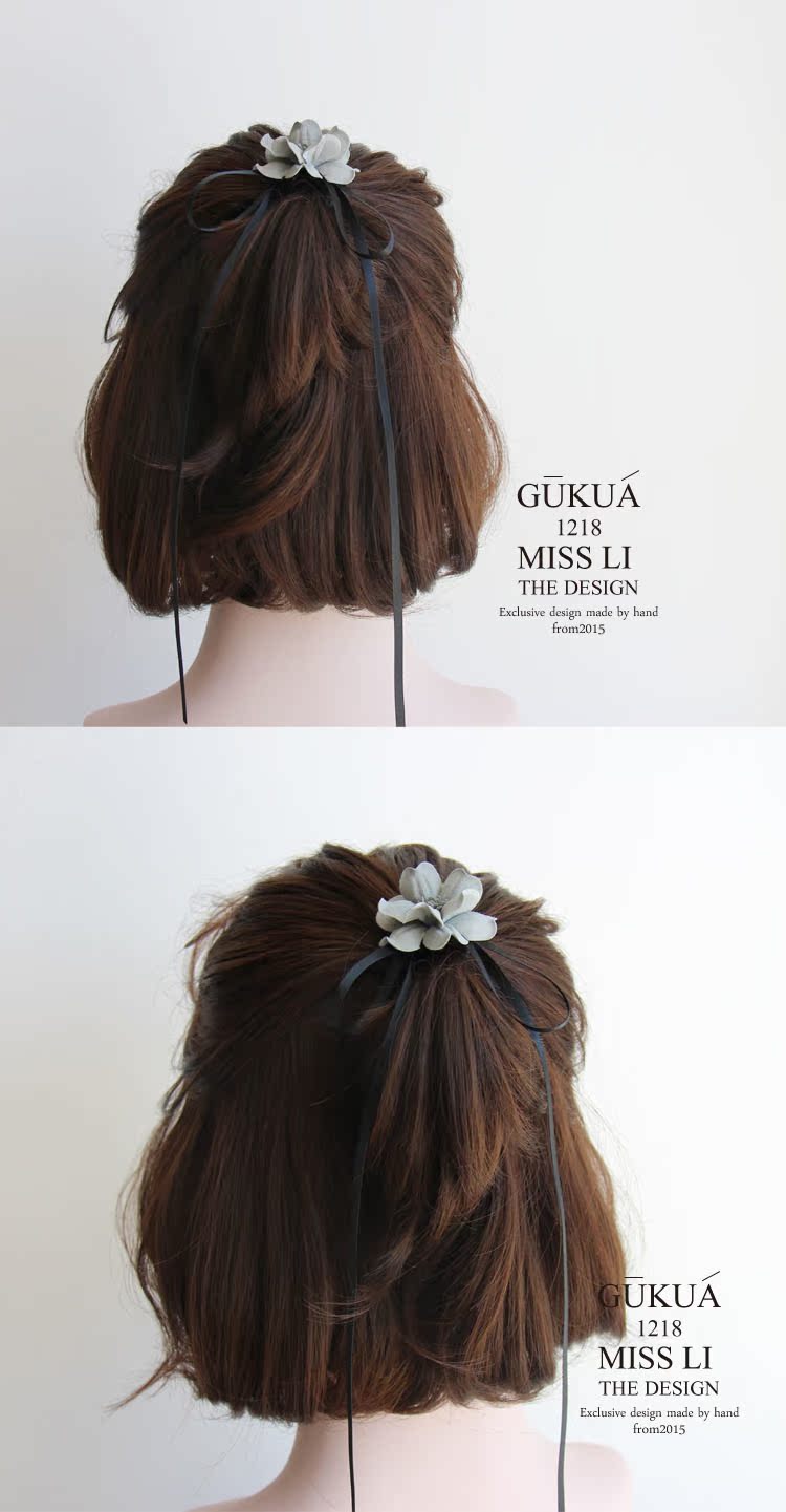 207gukua-Li Hoa hậu handmade màu xám hoa ruy băng cổ tích khí chất đầu tiara nửa đầu bóng - Phụ kiện tóc dây buộc tóc