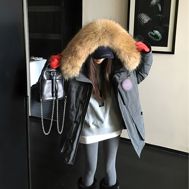 Women's Mid-Length Goose down Jacket, 2026 Winter New Thickened Couple's Workwear Parka with Large Fur Collar for Men Women's Mid-Length Goose down Jacket, 2026 Winter New Thickened Couple's Workwear Parka with Large Fur Collar for Men