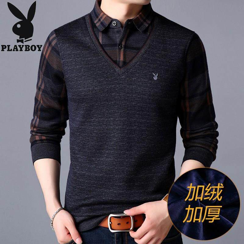 Flowers Playboy Men's Warm Underwear Medium Aged Leave Two Shirts Plus Suede Thickened Dad Knit Bottom Blouse