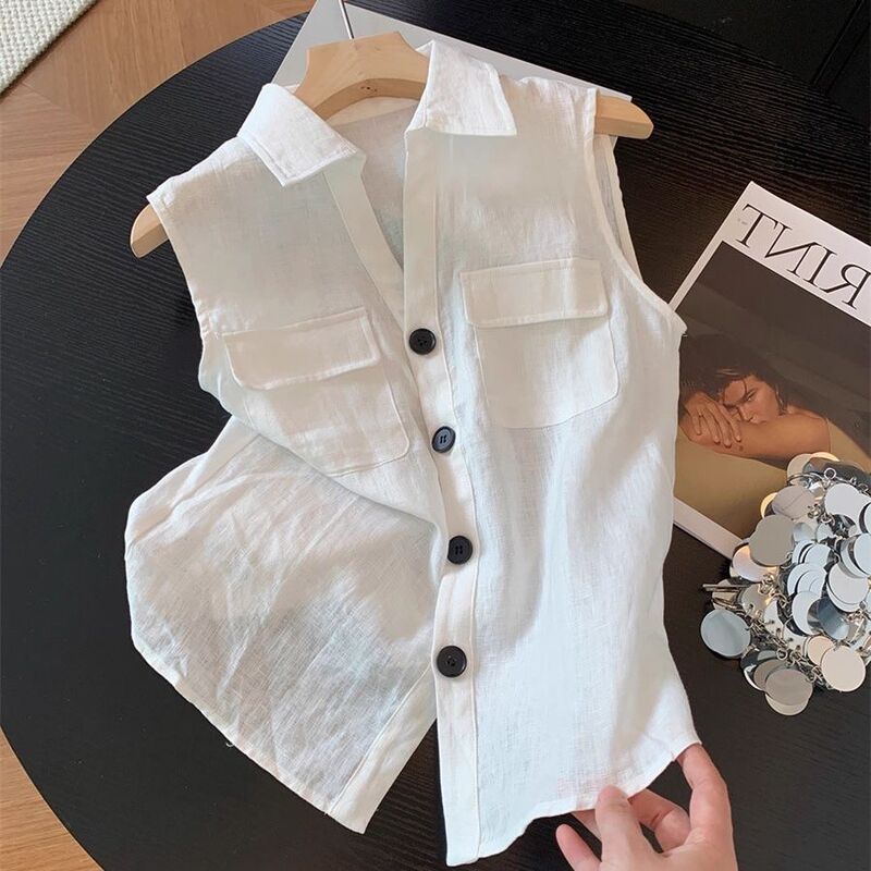 Old Money Style Polo Collar Sleeveless Shirt for Women, Summer 2026, Thin Loose Single-Breasted Vest Top Old Money Style Polo Collar Sleeveless Shirt for Women, Summer 2026, Thin Loose Single-Breasted Vest Top