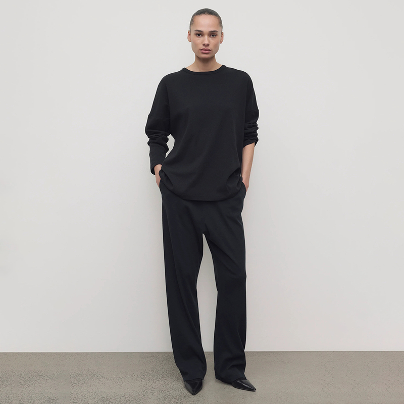R0W Style Women's Black Cotton Simple Loose Elastic Waist Long Pants 702D