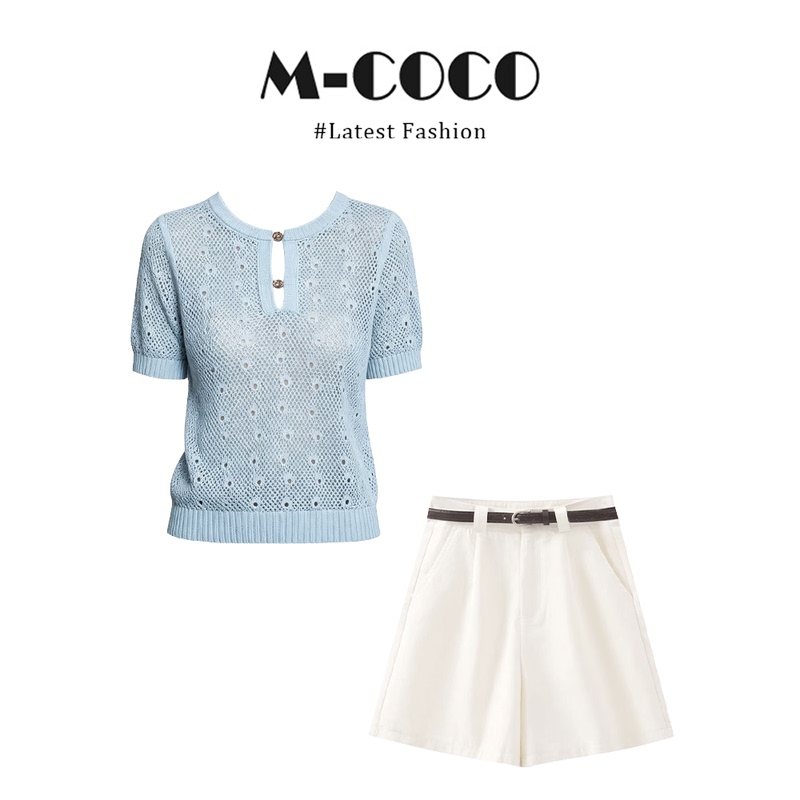 Parkyeon2026 Summer French Style Cut Out Short-Sleeved Knitwear High-Waisted Slimming Shorts Fashion Set