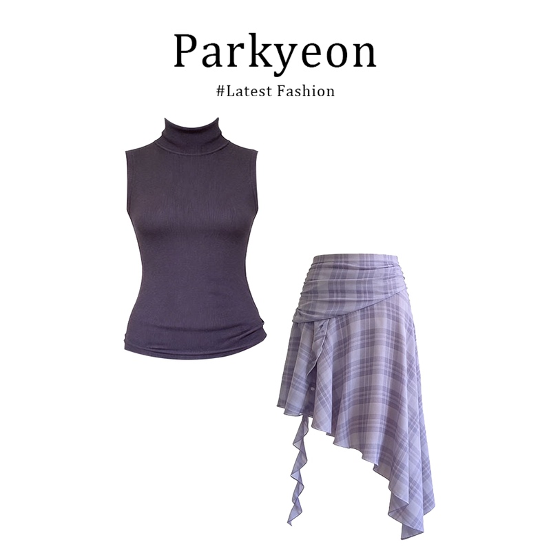 Parkyeon Summer Style Half-High Collar Sleeveless Slim Waist Vest Women's High-Waist Slimming Skirt Suit