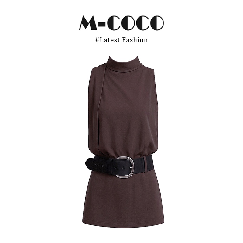 Parkyeon2026 New Summer French-Style Melard Brown High-Neck Sleeveless Waist-Cinching Dress for Women