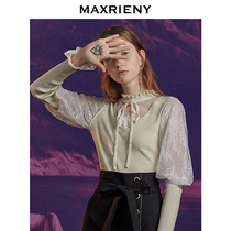 MAXRIENYs new retro elegant lace stitching turtleneck sweater slim sweater short top women