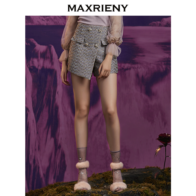 MAXRIENY winter season new retro flower yarn high waist shorts asymmetrical straight pants female slim all-match