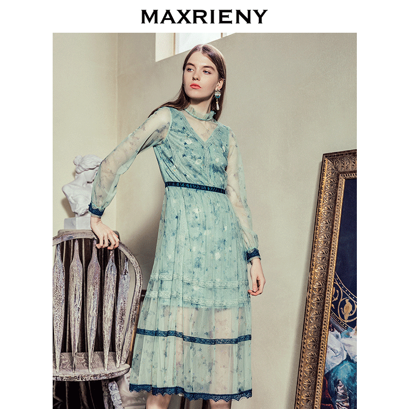 MAXRIENY retro French dress Long-sleeved waist mesh skirt Printed mid-length fairy design sense yarn skirt