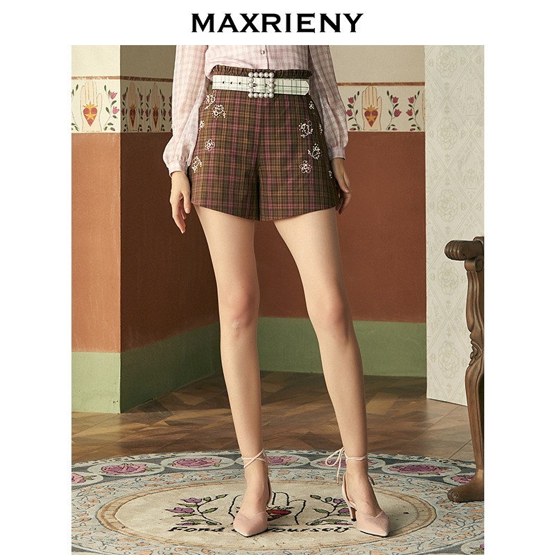 MAXRIENY2020 spring fashion plaid high waist shorts women's thin straight pants retro college style