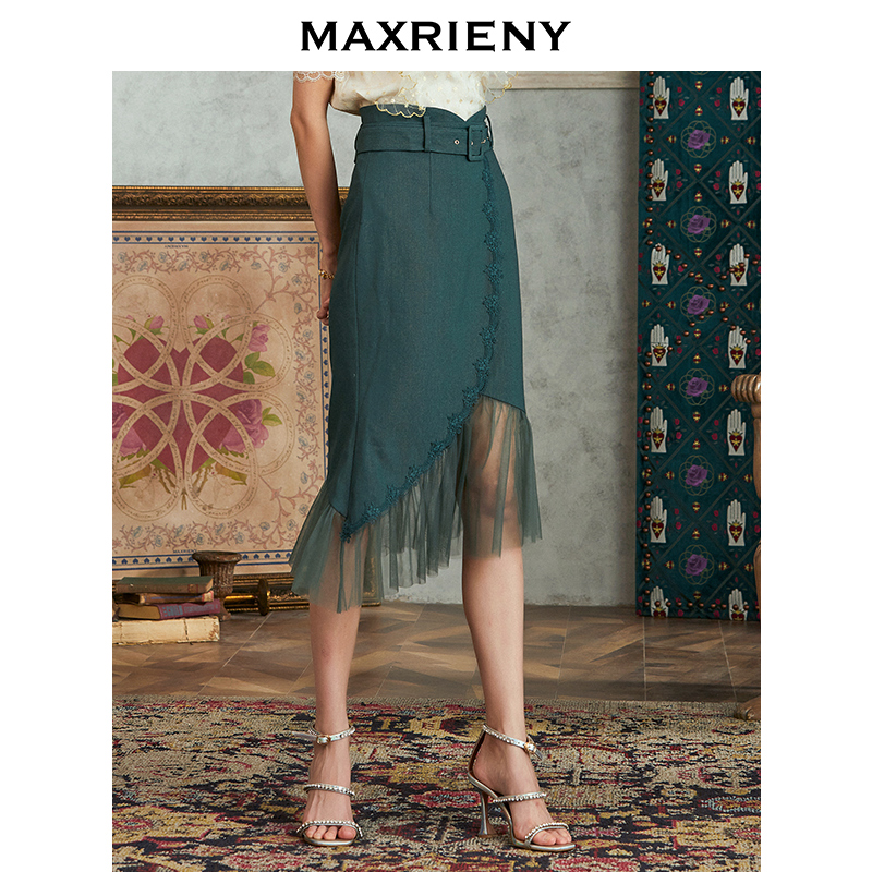 MAXRIENY RETRO WEB YARN SPLICING FISH TAIL SKIRT WOMAN SUMMER HIGH WAIST FOR A LONG VERSION OF THE FOREIGN PIE DRESS