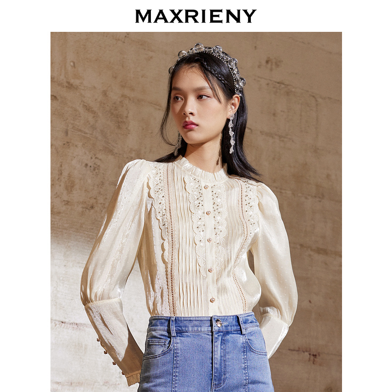 MAXRIENY stand collar chiffon shirt autumn ladies puff sleeve t shirt Western style loose long sleeve top