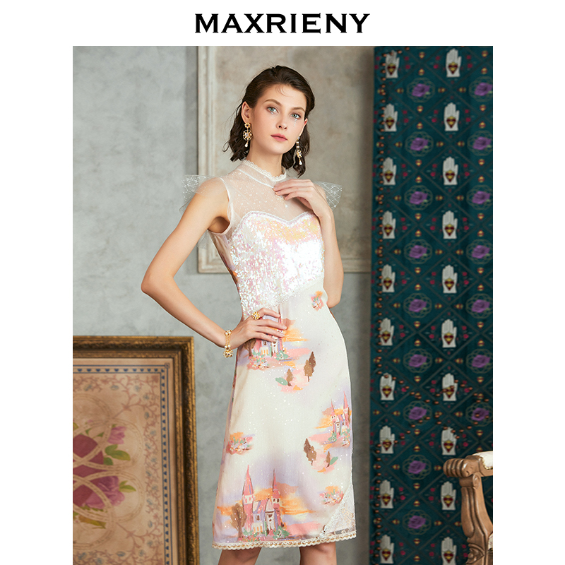 MAXRIENY Summer new lace short sleeve foreign dress Long version Temperament Light Color Printed Tennis dress A character dress