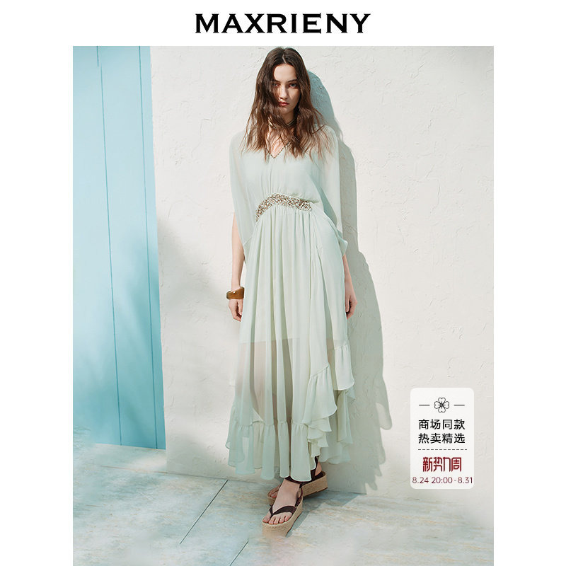 [Same Style as in the Mall] Maxrieny French-Style Flowing Chiffon Dress 26 Summer Heavy Beading Irregular Long Dress