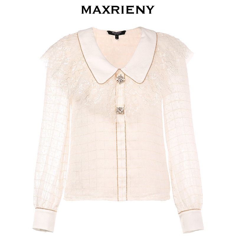 MAXRIENY2020 Autumn New Vintage Long Sleeve Lace Shirt Top All-match Slim Thin Shirt