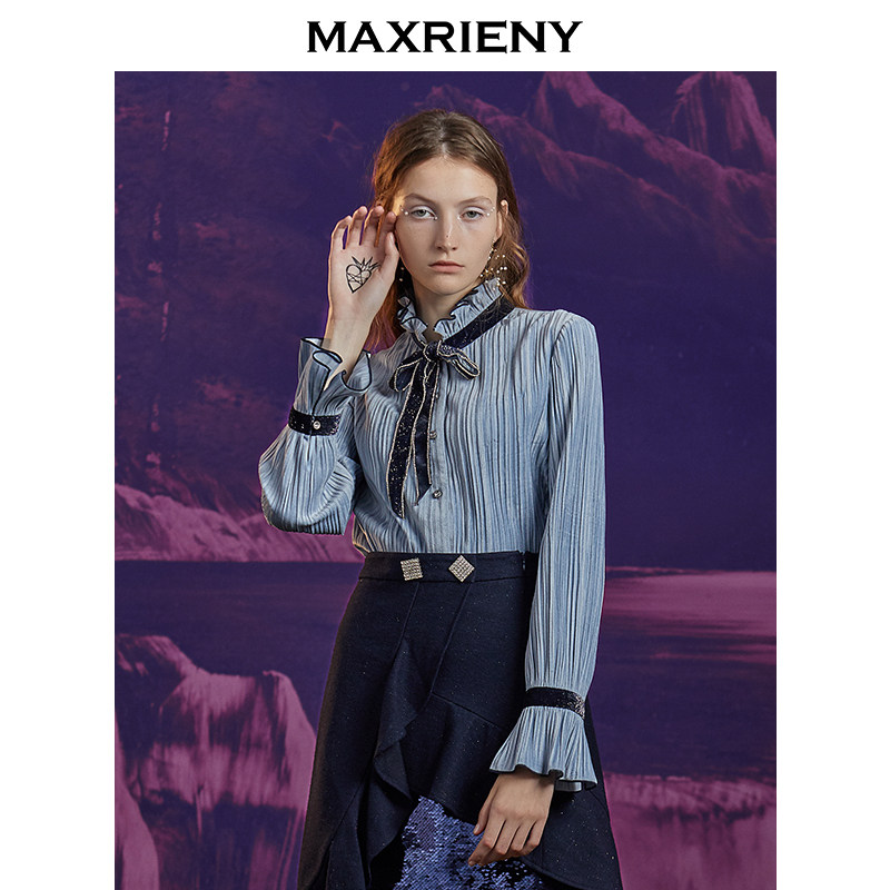 MAXRIENY new fashion temperament pleated striped top short chiffon shirt women's design sense niche shirt